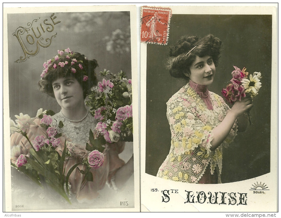 Theme Fete Cpa Prenom Louise 2 Cartes Femme Fleurs - Autres & Non Classés