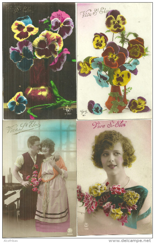 Theme Fete Cpa Prenom Saint Eloi  4 Cartes Femmes Couple Pensées Fleurs - Other & Unclassified