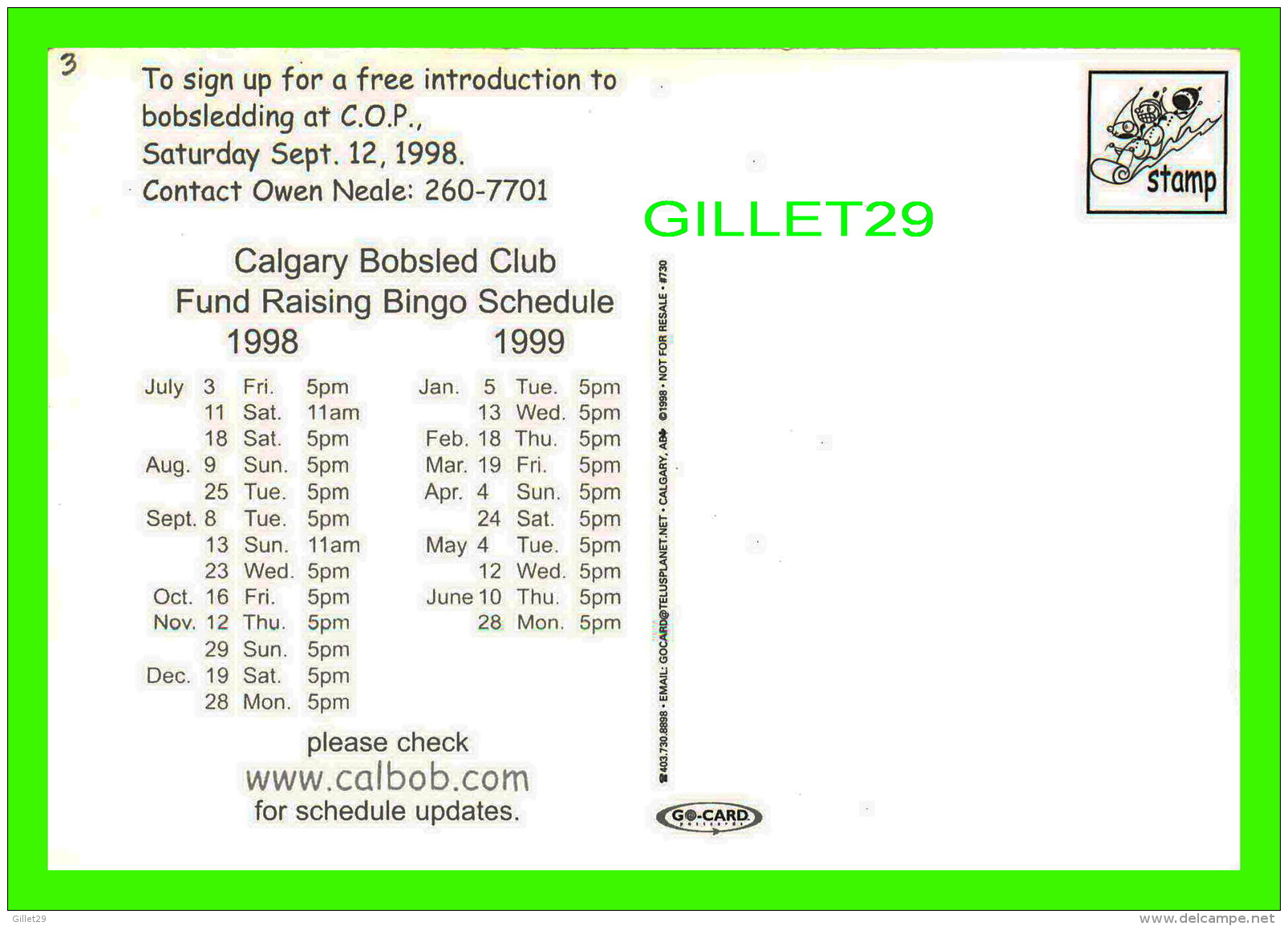 SPORT D'HIVER - CALGARY BOBSLED CLUB 1998  - FUND RAISING BINGO SCHEDULE - - Sports D'hiver