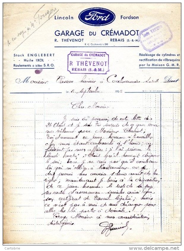 77 REBAIS Garage Du Crémadot R.THÉVENOT - Lincoln, Ford, Fordson 1935 - Automobile