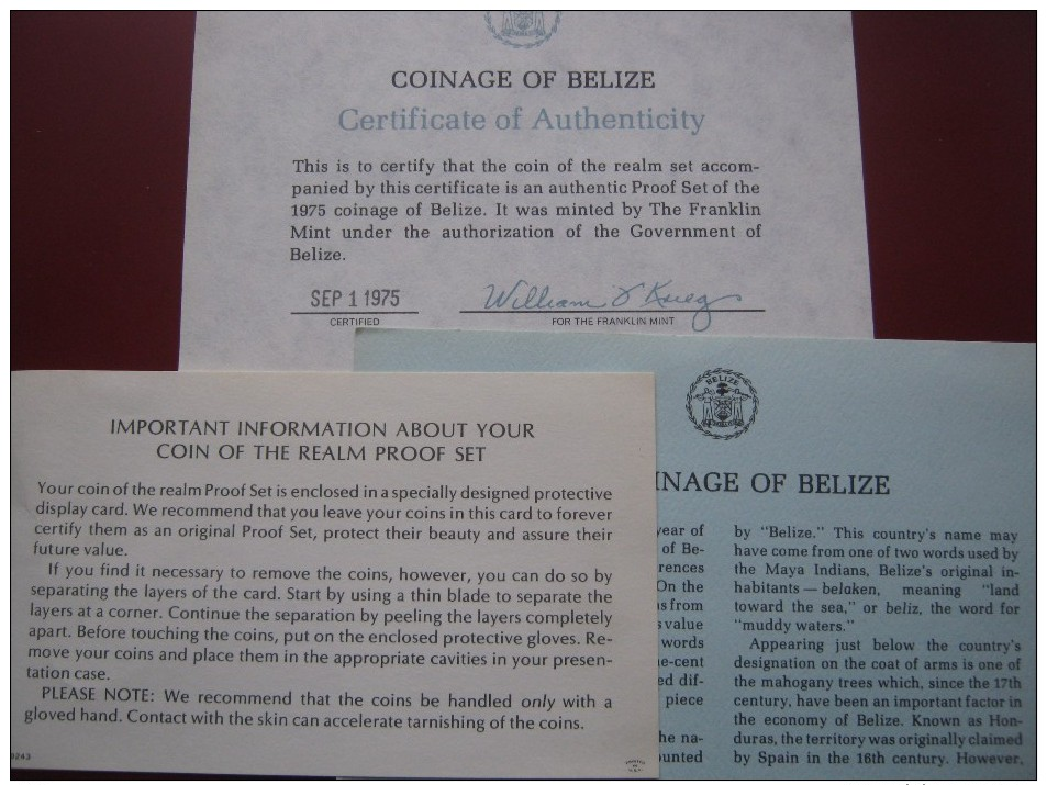 Belize 1975 Proof Coin Set 1 Cent - 10$ Dollars Sealed By Franklin Mint Case COA Papers - Belize