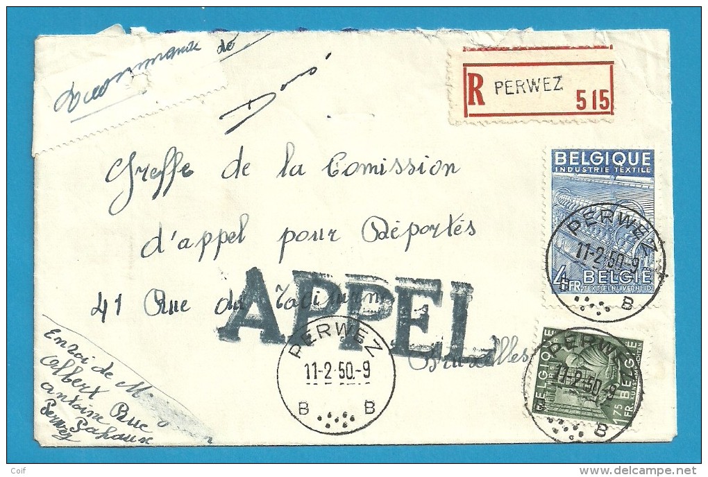 768+771 Op Brief Aangetekend Met Stempel PERWEZ (VK) - 1948 Export