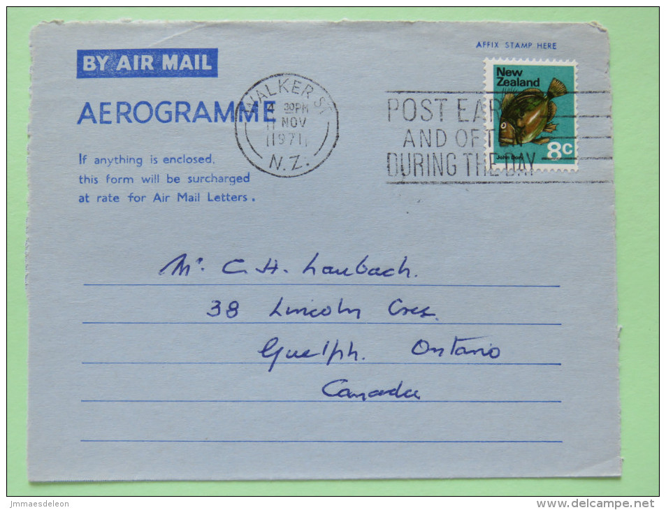 New Zealand 1971 Aerogramme Walker St. To Canada - Fish - Covers & Documents