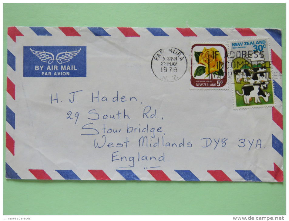 New Zealand 1978 Cover Papakura To England - Cows - Flower Rose - Lettres & Documents