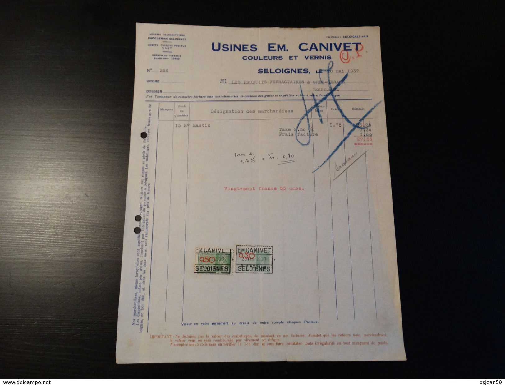 Timbres Fiscaux Sur Facture Usines Em.Canivet Couleurs Et Vernis à Seloignes.-1937- - Documentos