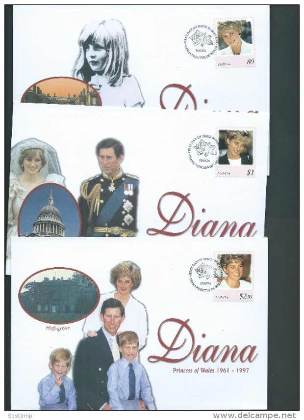 Tonga 1998 Princess Diana Memorial Part Set Of 3 On 3 FDC - Tonga (1970-...)