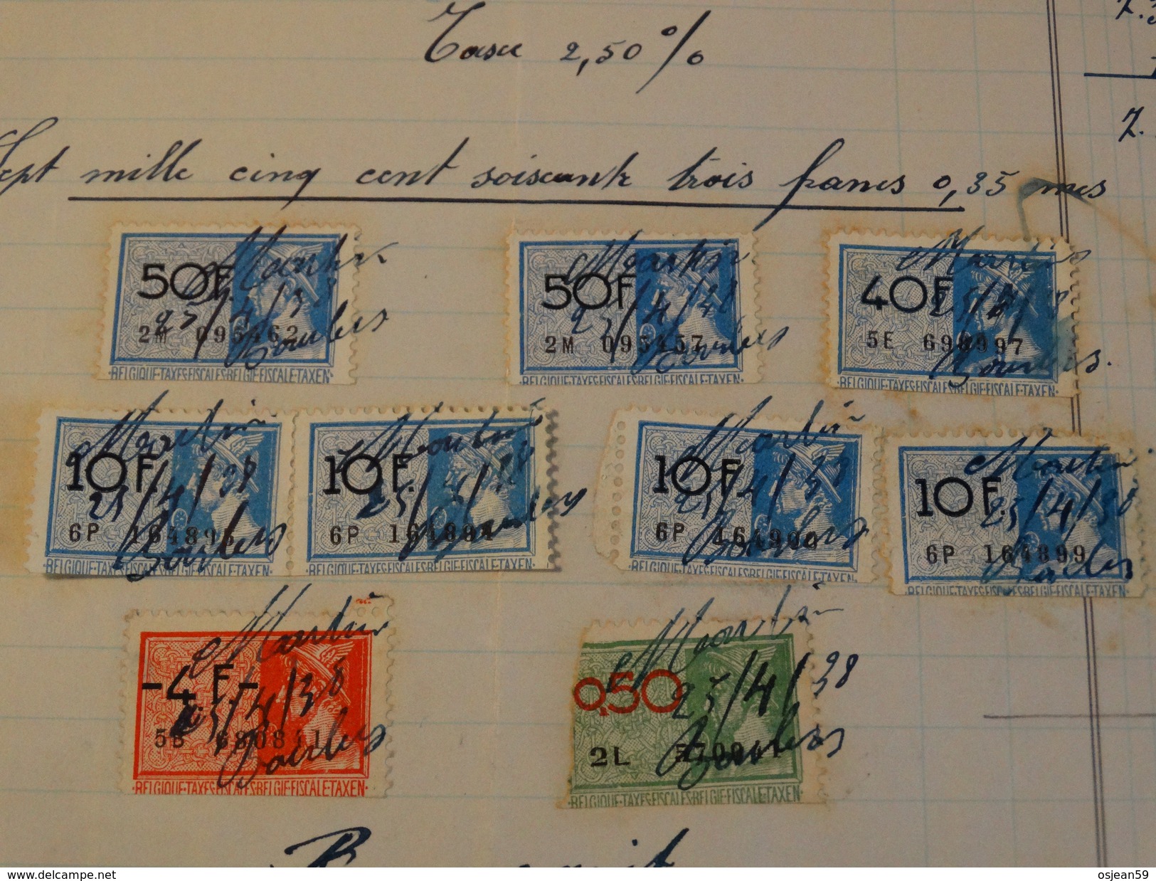 Timbres Fiscaux Sur Facture . Henri Martin à Bourlers-lez-Chimay .-1938- - Documentos