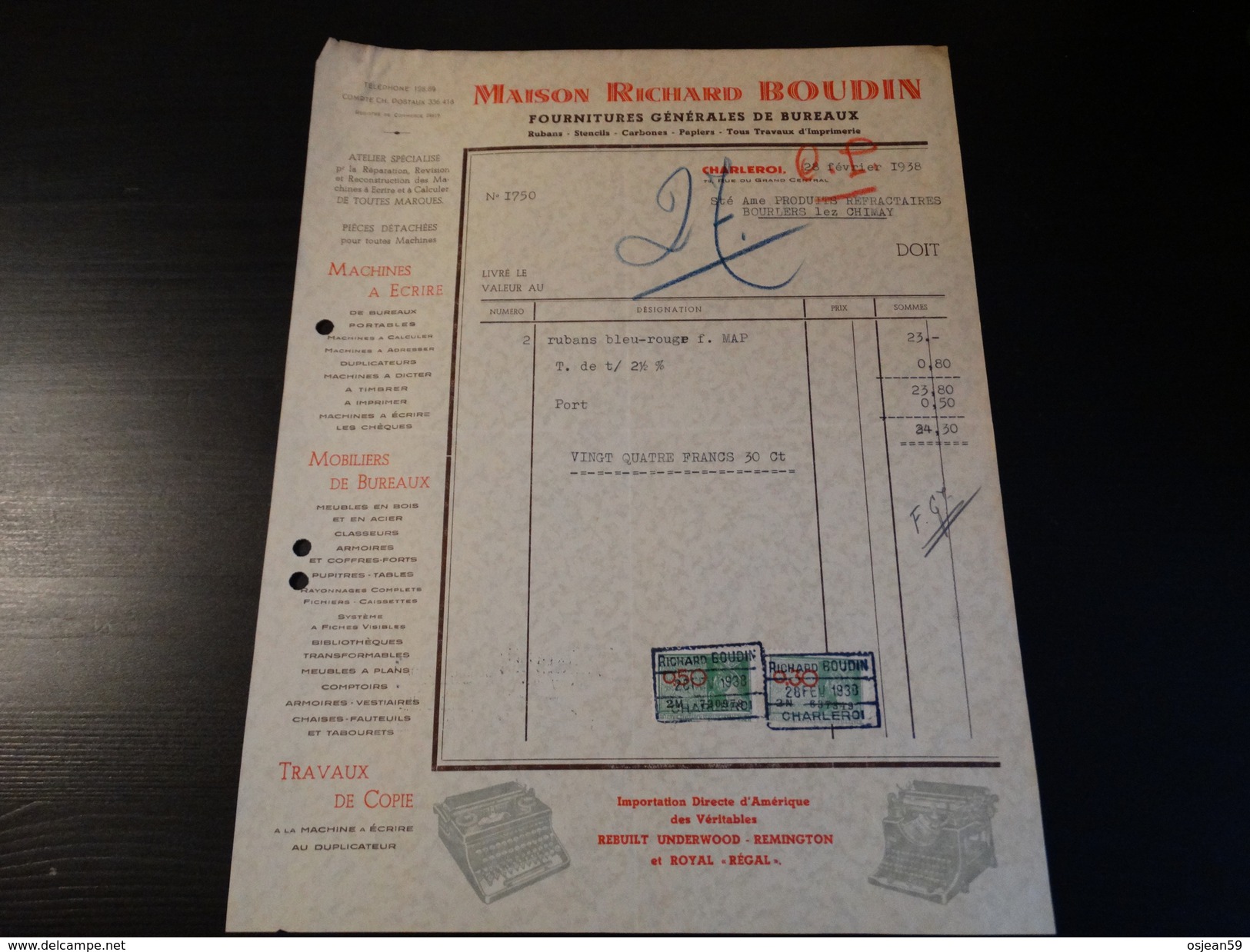 Timbres Fiscaux Sur Facture . Maison Richard Boudin Fournitures Générales De Bureaux à Charleroi.-1938- - Documents