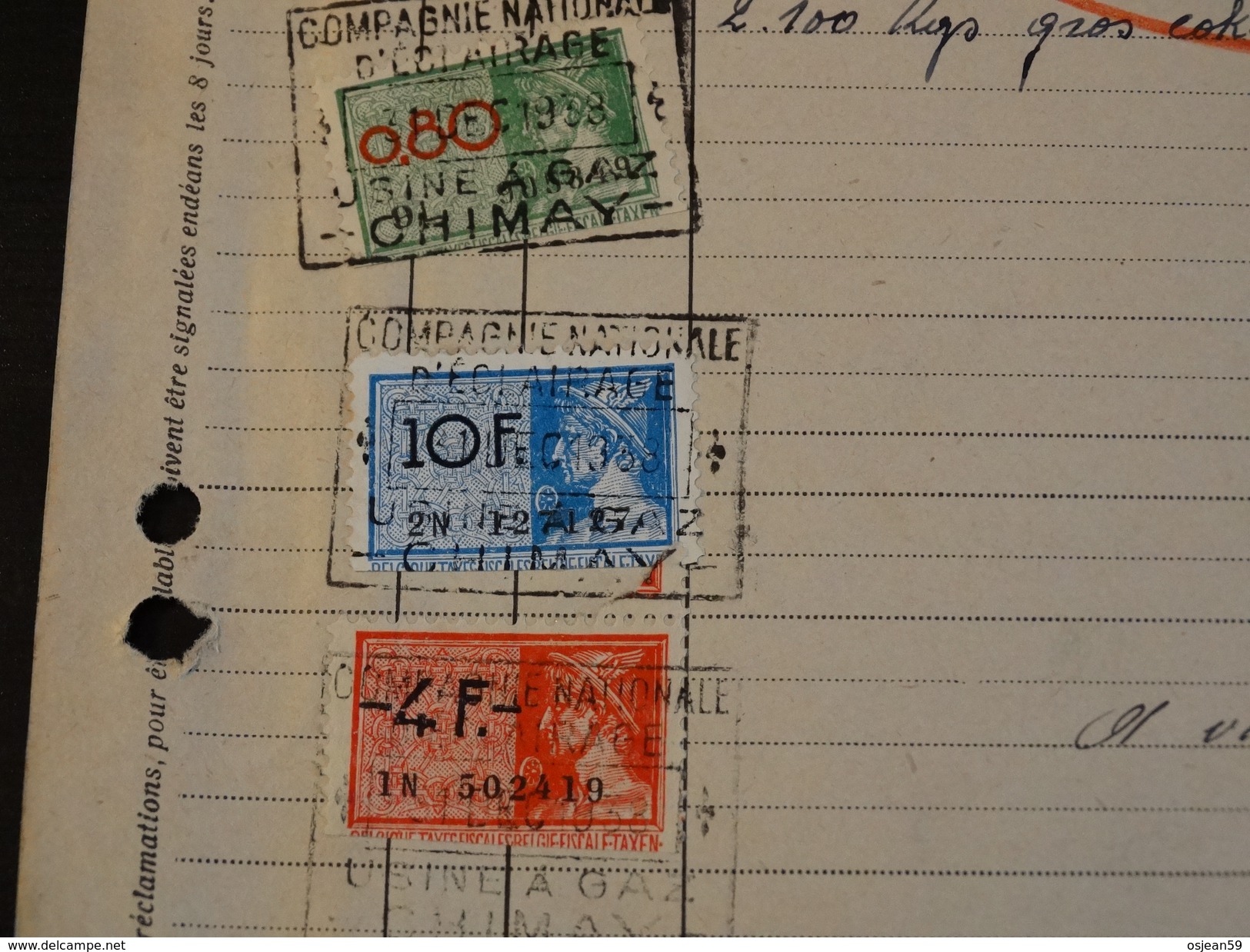 Timbres Fiscaux Sur Facture . Compagnie Nationale D'éclairage-Gaz Et électricité (CHIMAY).1938- - Documents