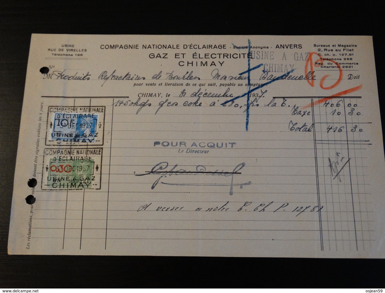 Timbres Fiscaux Sur Facture . Compagnie Nationale D'éclairage-Gaz Et électricité (CHIMAY).1937- - Documents