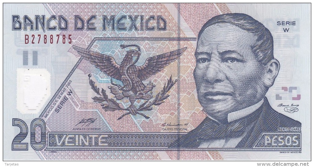 BILLETE DE MEXICO DE 20 PESOS DEL AÑO 2003 DE BENITO JUAREZ CALIDAD EBC (XF) (BANKNOTE) POLIMERO - México