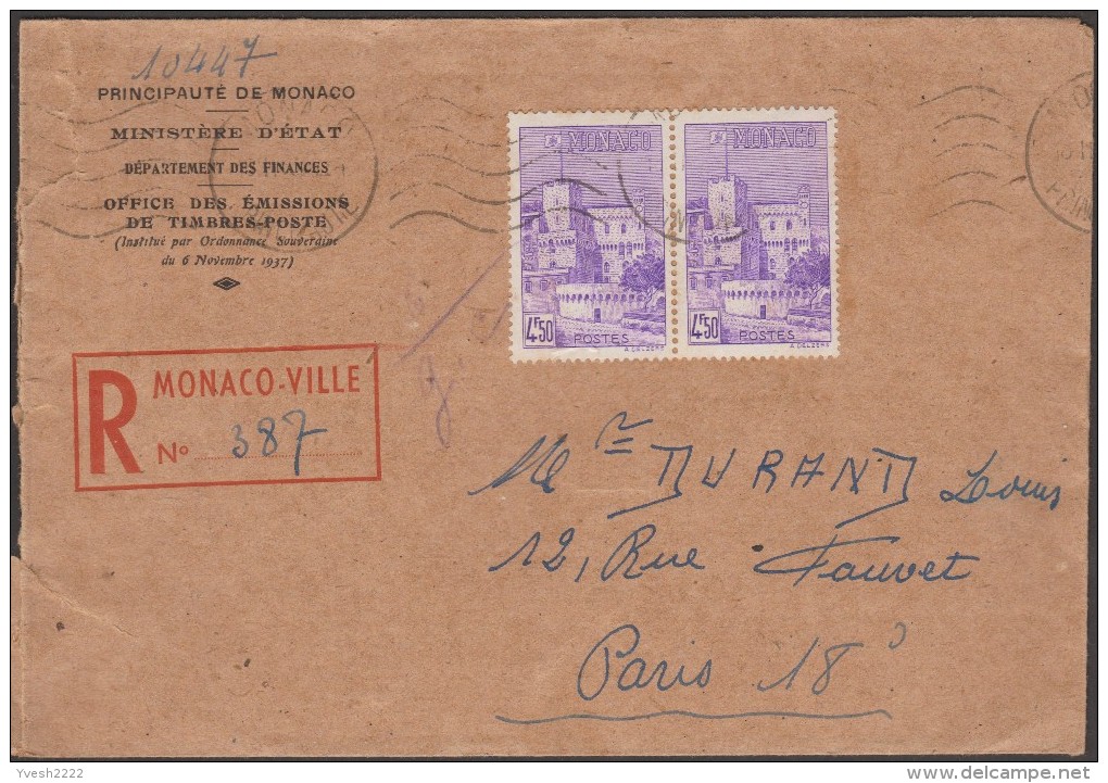 Monaco 1946 Y&T 259 X 2 Sur Lettre Recommandée Pour Paris, Oblitération Machine  ! Affranchissement Peu Commun - Covers & Documents