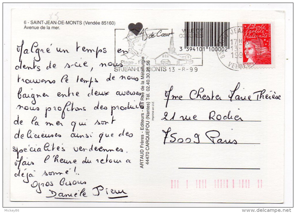 SAINT JEAN DE MONTS--1999---Avenue De La Mer (très Animée,belle Voiture RENAULT,pubs),cpm N°6 éd Artaud....à Saisir - Saint Jean De Monts