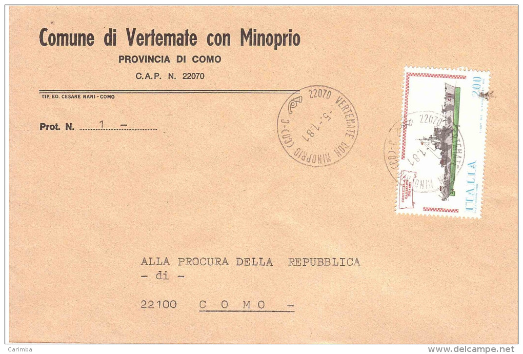 £200 COSTRUZIONI NAVALI CORVETTA GABBIANO SU BUSTA COMUNE DI VERTEMATE CON MINOPRIO COMO - 1981-90: Storia Postale