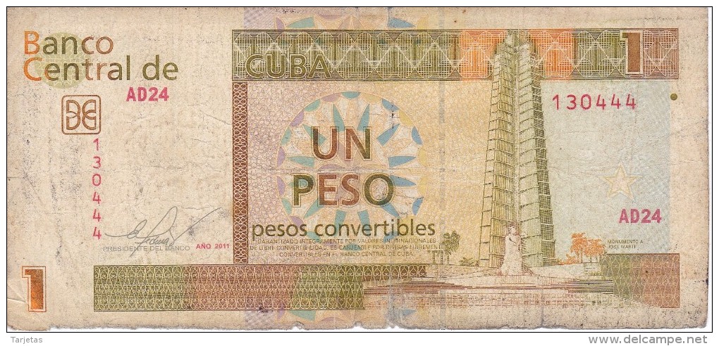 BILLETE DE CUBA DE 1 PESO CONVERTIBLE DEL AÑO 2011  (BANKNOTE) - Cuba