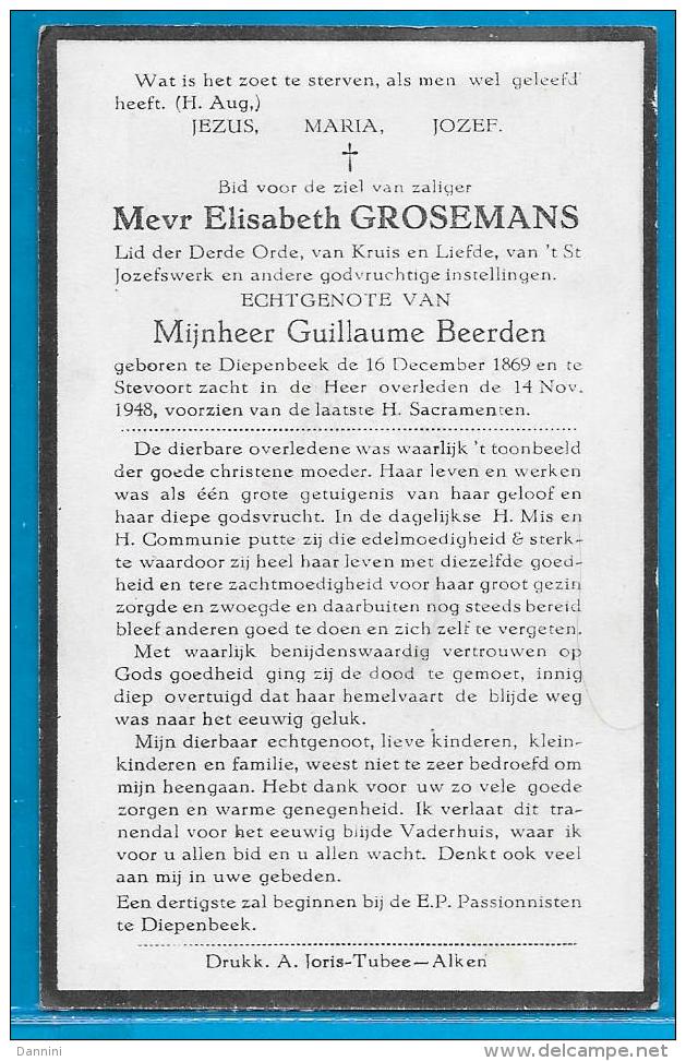 Bidprentje Van Elisabeth Grosemans - Diepenbeek - Stevoort - 1869 - 1948 - Images Religieuses