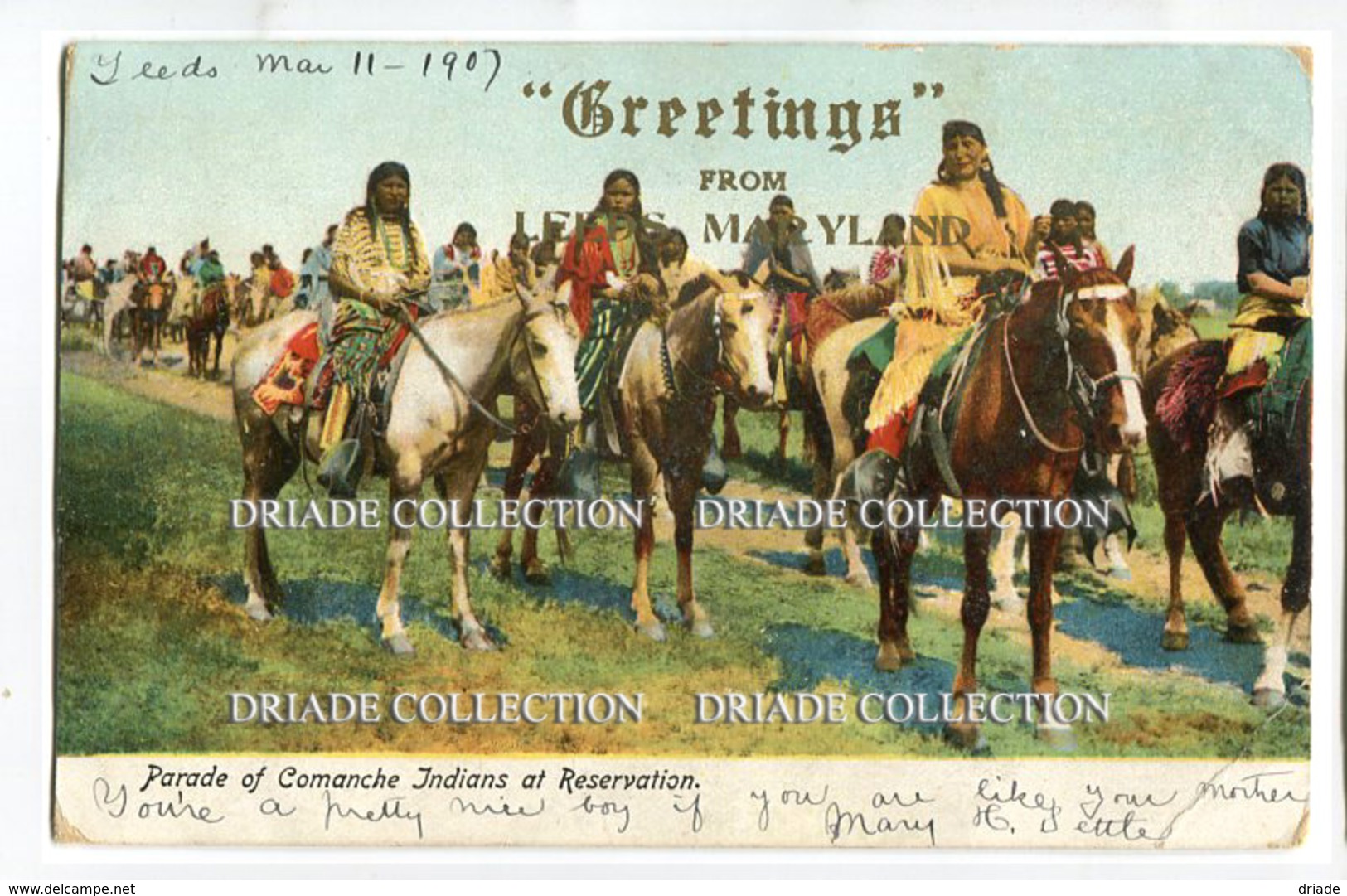 CARTOLINA PARADE OF COMANCHE INDIANS AT RESERVATION MARYLAND INDIANI NORD AMERICA INDIAN NATIVE AMERICAN ANNO 1907 - Indiani Dell'America Del Nord