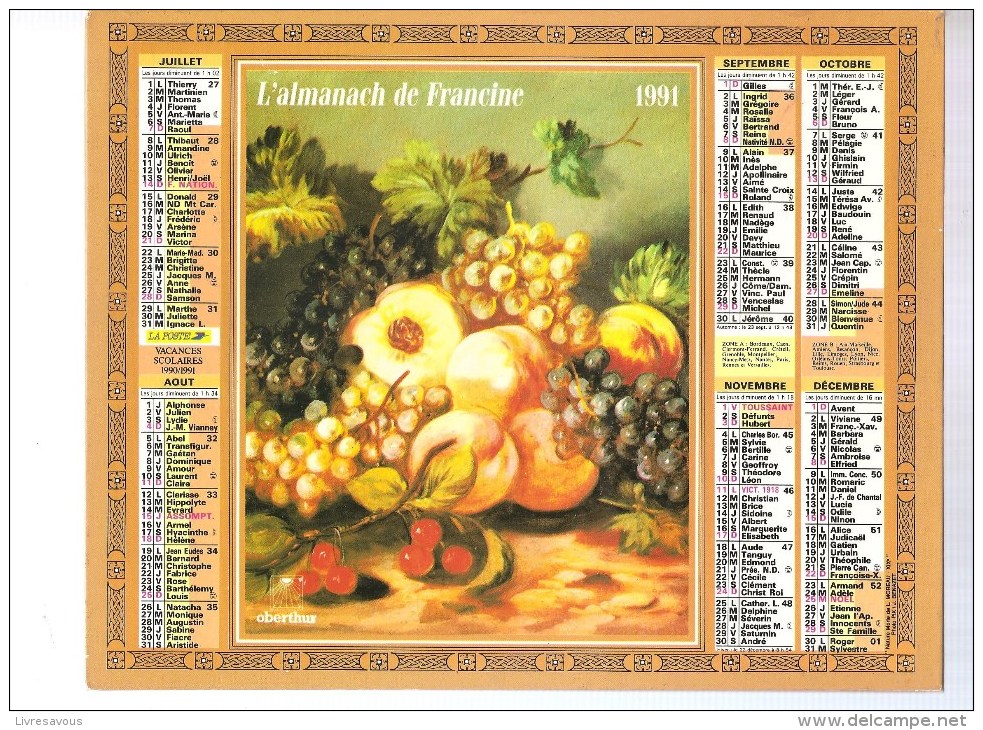 Almanach Des PTT De 1991 Département 78 L'almanach De Francine Corbeille De Fruits - Grand Format : 1921-40