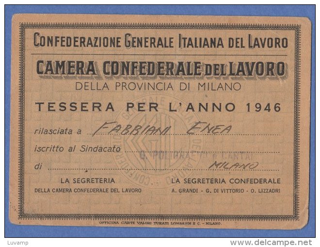 TESSERA CAMERA CONFEDERALE Del LAVORO - Anno 1946 (171009) - Altri & Non Classificati