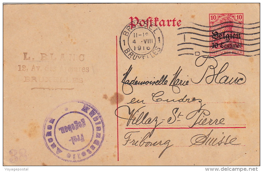 Carte Entier Postal Brussel Deutsches Reich >> Suisse 1916 - OC1/25 Gobierno General