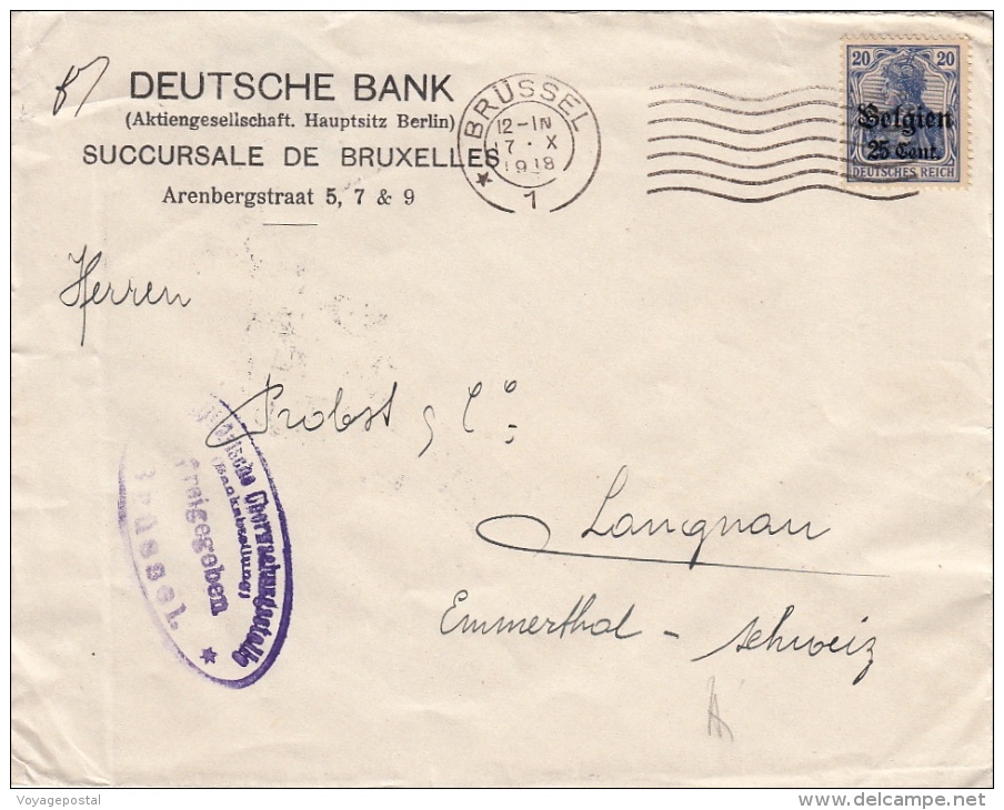 Lettre Brussel Deutsches Reich >> Suisse Emmental 1918 - OC1/25 Gouvernement Général