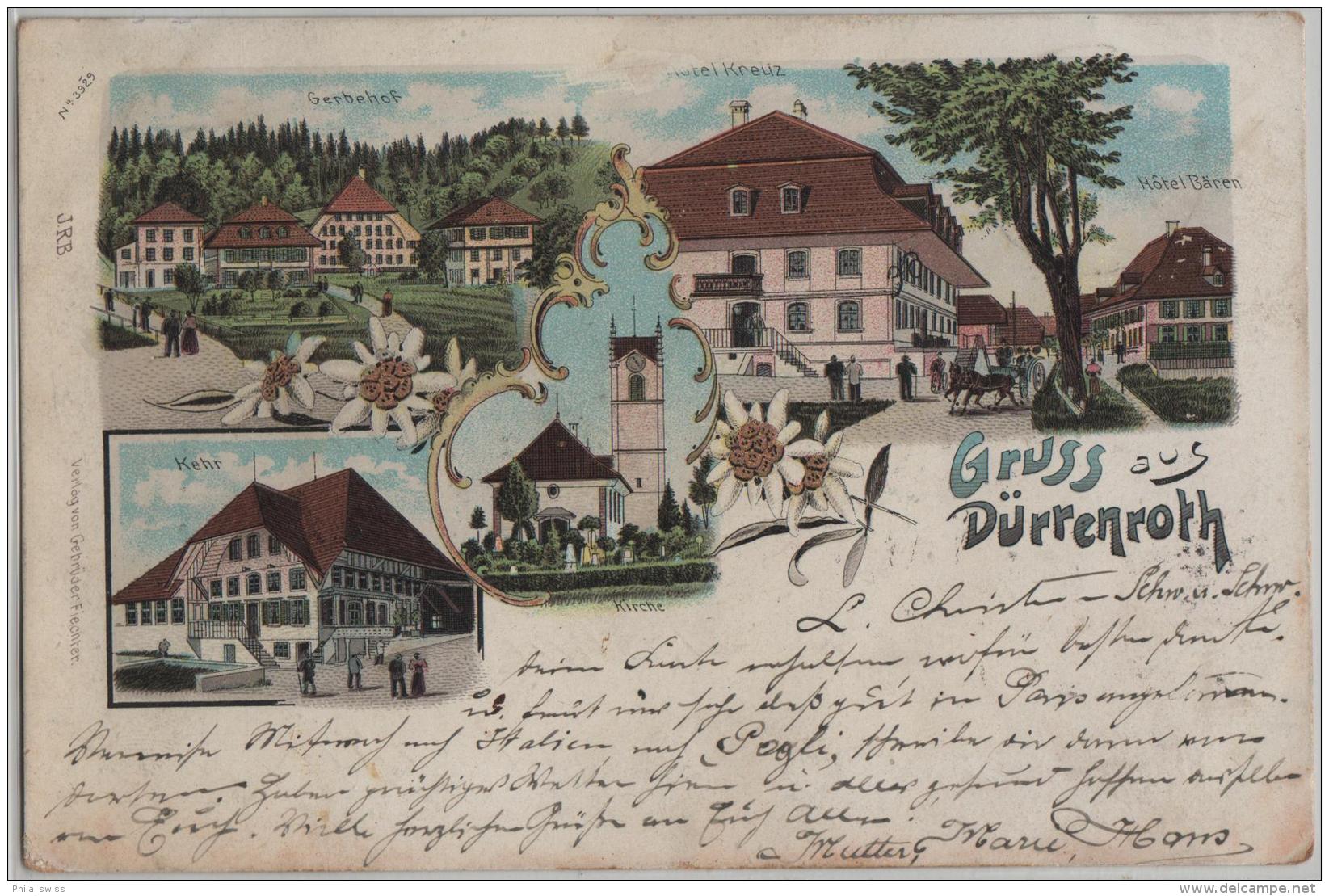 Gruss Aus Dürrenroth - Kehr, Kirche, Gerbehof, Hotel Kreuz - Farbige Litho - Stempel: Huttwil - Dürrenroth