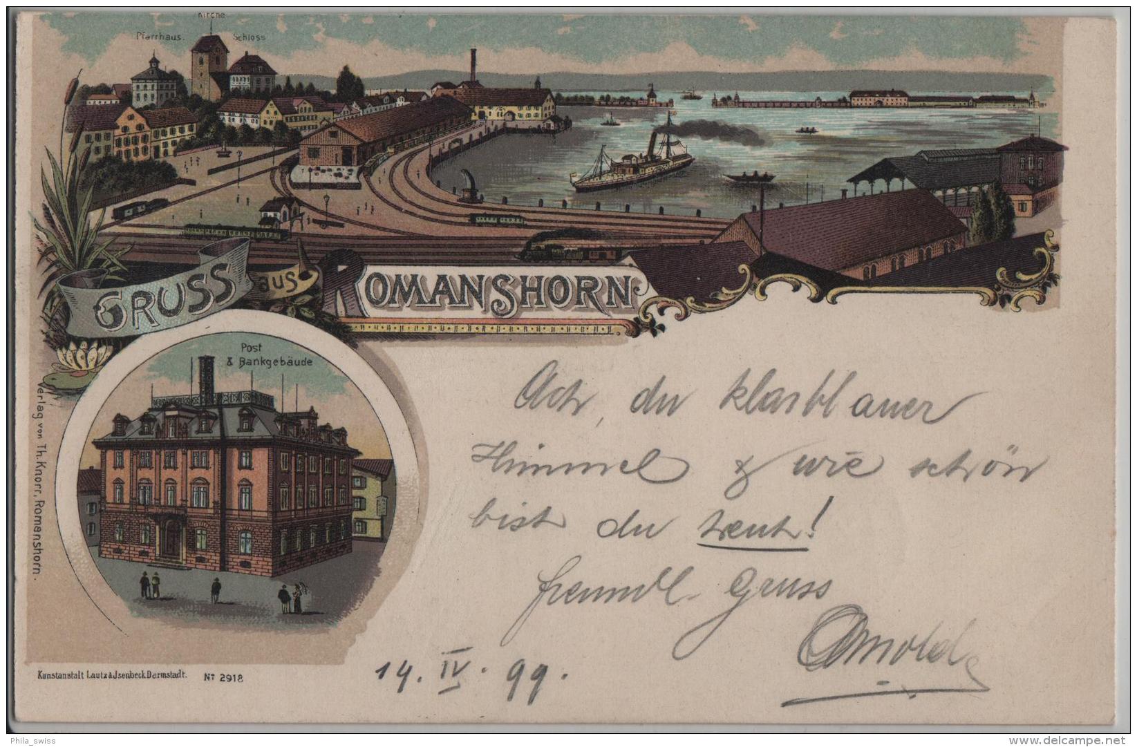 Gruss Aus Romanshorn - Post & Bankgebäude, Pfarrhaus, Schloss, Bahnhof, Hafen - Farbige Litho - Schaffhausen N. Embrach - Romanshorn