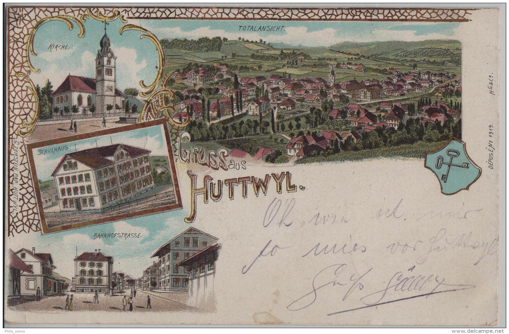 Gruss Aus Huttwyl Huttwil - Bahnhofstrasse, Schulhaus,Kirche, Totalansicht - Farbige Litho H. Guggenheim No. 1919 - Huttwil