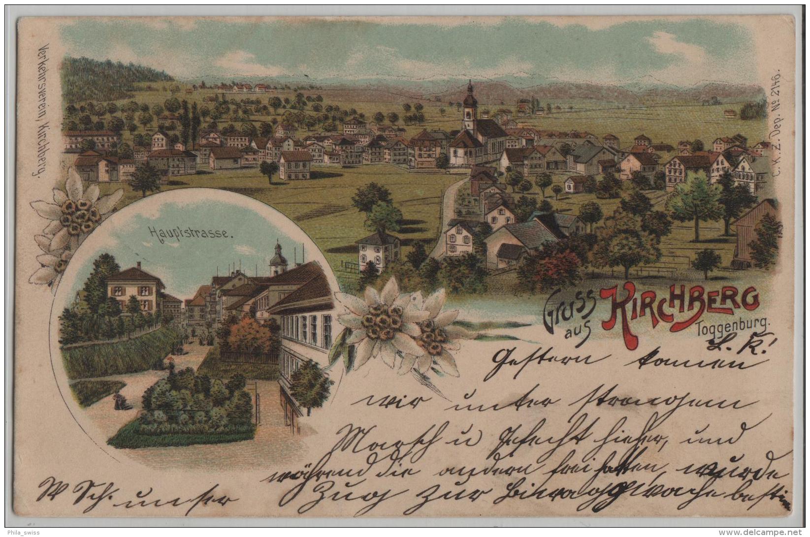 Gruss Aus Kirchberg Toggenburg - Hauptstrasse, Totalansicht - Farbige Litho Carl Künzli No. 2146 - Feldpost N. Urnäsch - Kirchberg