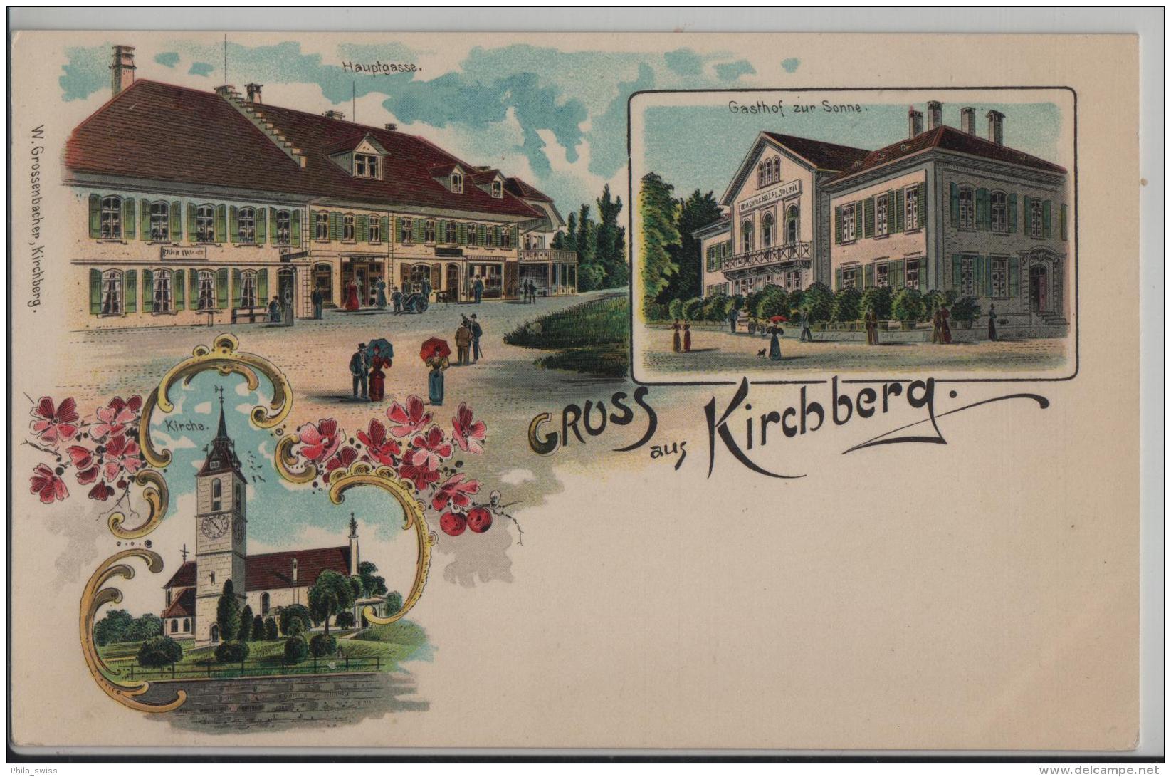 Gruss Aus Kirchberg (Bern) Hauptgasse, Gasthof Zur Sonne, Kirche - Farbige Litho - Kirchberg