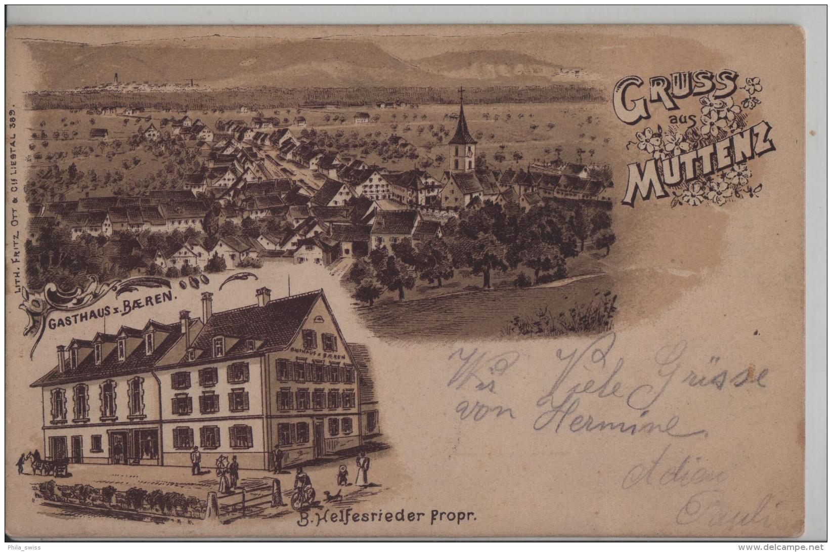 Gruss Aus Muttenz - Gasthaus Z. Bären, Totalansicht - Grüne Litho Fritz OttNo. 389 - Muttenz