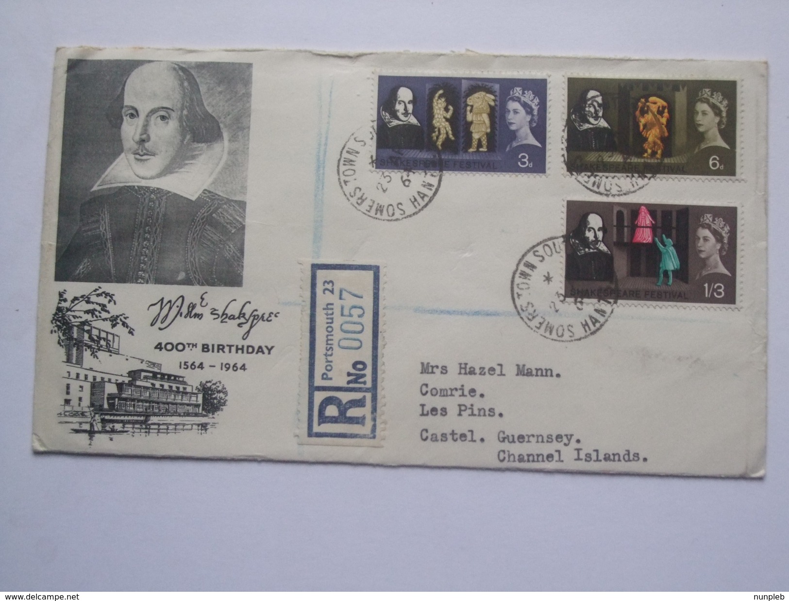 GB 1964 Shakespeare FDC Registered Portsmouth To Guernsey - 1952-1971 Pre-Decimal Issues