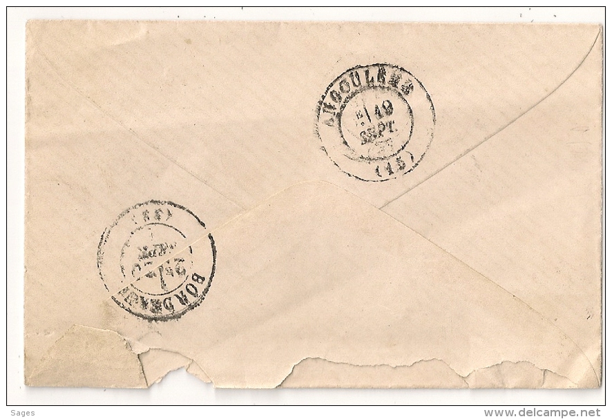 Enveloppe JARNAC Charente Pour Bordeaux. TAXE 30. - 1849-1876: Période Classique