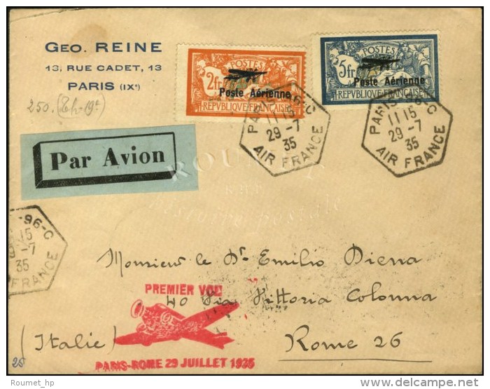 Cachet PARIS 96C / AIR FRANCE Sur PA 1 Et 2 Sur Lettre Pour Rome. 1935. - TB. - 1877-1920: Semi-moderne Periode