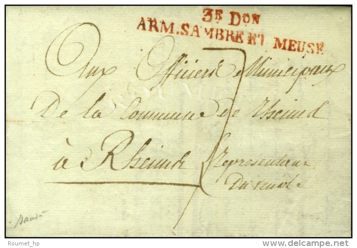 3e Don / ARM. SAMBRE ET MEUSE Rouge Sur Lettre Avec Texte Daté De Putendem An 3. - SUP. - R. - Legerstempels (voor 1900)