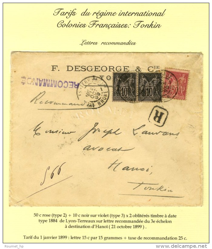 Càd LYON / LES TERREAUX / N° 98 + 103 (2) Sur Lettre Recommandée 3 Ports Pour Hanoi (Tonkin).... - 1876-1878 Sage (Type I)