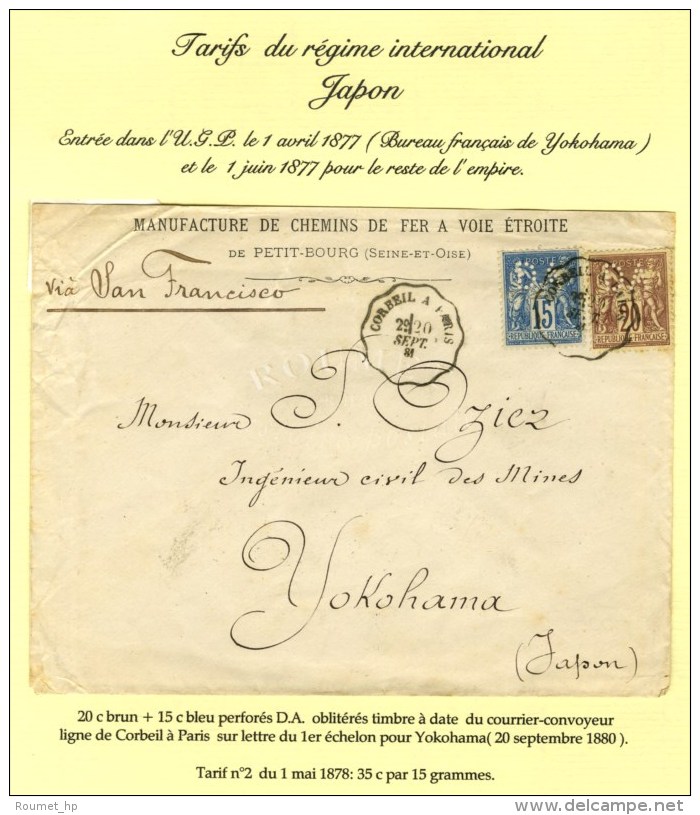 Cachet Convoyeur CORBEIL A PARIS / N° 67 + 90 Sur Lettre Pour Yokohama. Au Verso Cachet De Transit SAN... - 1876-1878 Sage (Type I)