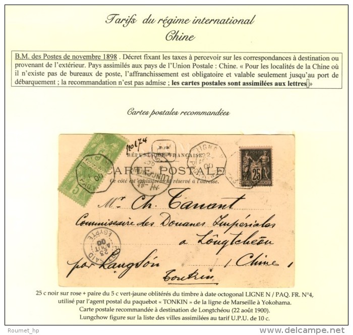 Càd Octo LIGNE N / PAQ. FR. N°4 / N° 97 + 106 (2) Sur Carte Postale Recommandée Datée... - 1876-1878 Sage (Type I)