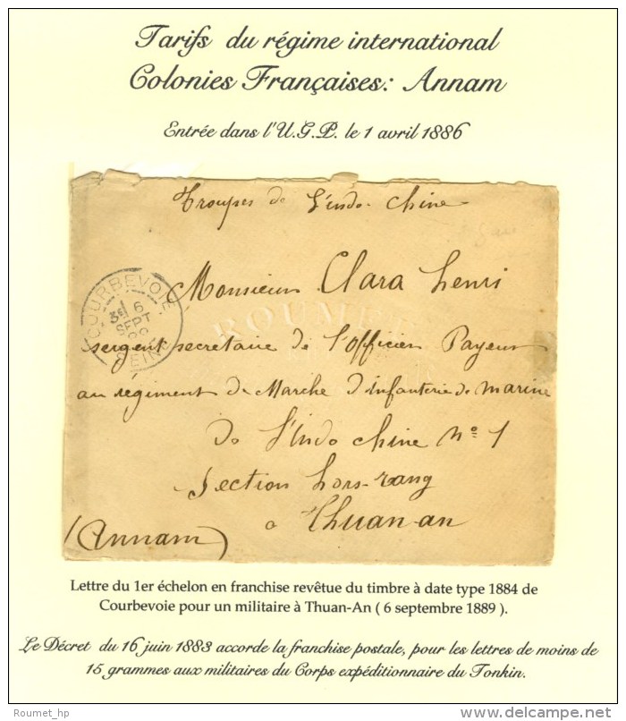 Càd COURBEVOIE / SEINE Sur Lettre En Franchise Militaire Adressée à Thuan-An (Annam). 1889. -... - 1876-1878 Sage (Type I)