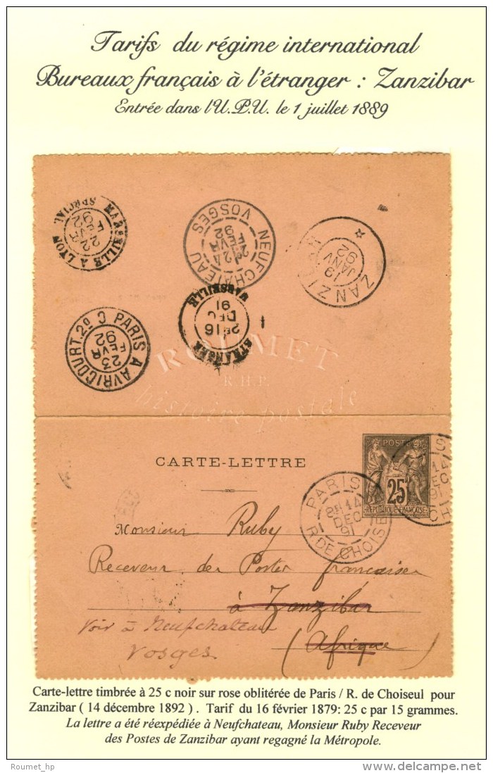 Càd PARIS / R. DE CHOISEUL Sur Carte-lettre Timbrée à 25c. Pour Zanzibar... - 1876-1878 Sage (Type I)