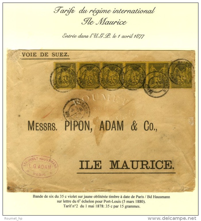 Càd PARIS / Bd HAUSMANN / N° 93 Bande De 6 Sur Lettre 6 Ports Pour L'île Maurice. 1880. - TB. - R.... - 1876-1878 Sage (Type I)