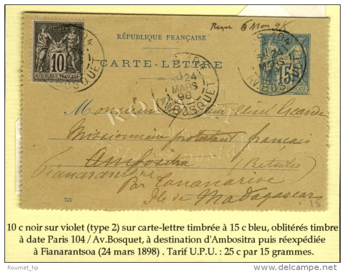 Càd PARIS 104 / AV. BOSQUET / N° 89 Sur Carte-lettre Timbrée à 15c. Pour Ambositra Puis... - 1876-1878 Sage (Type I)
