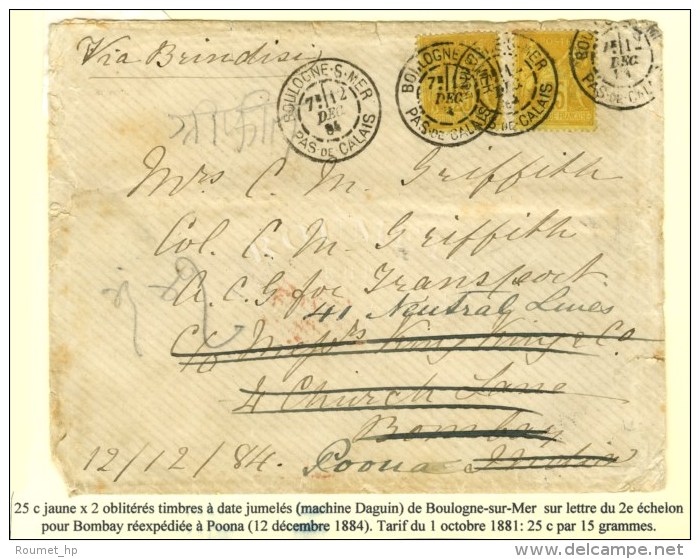 Daguin Jumelés BOULOGNE-S-MER / PAS DE CALAIS / N° 92 (2) Sur Lettre 2 Ports Pour Bombay... - 1876-1878 Sage (Type I)