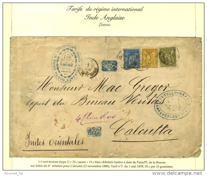 Càd PARIS / PL. DE LA BOURSE / N° 72 + 90 + 92 Sur Lettre 4 Ports Pour Calcutta. 1880. Rare Association.... - 1876-1878 Sage (Type I)