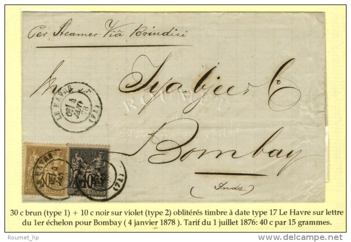 Càd LE HAVRE (74) / N° 69 + 89 Sur Lettre Pour Bombay. 1878. - TB / SUP. - 1876-1878 Sage (Type I)