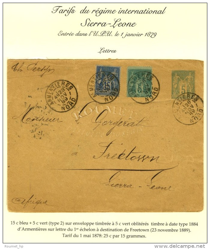 Càd ARMENTIERES / NORD / N° 75 + 90 Sur Entier Postal à 5c. Vert Pour Freetown (Sierra-Leone).... - 1876-1878 Sage (Type I)