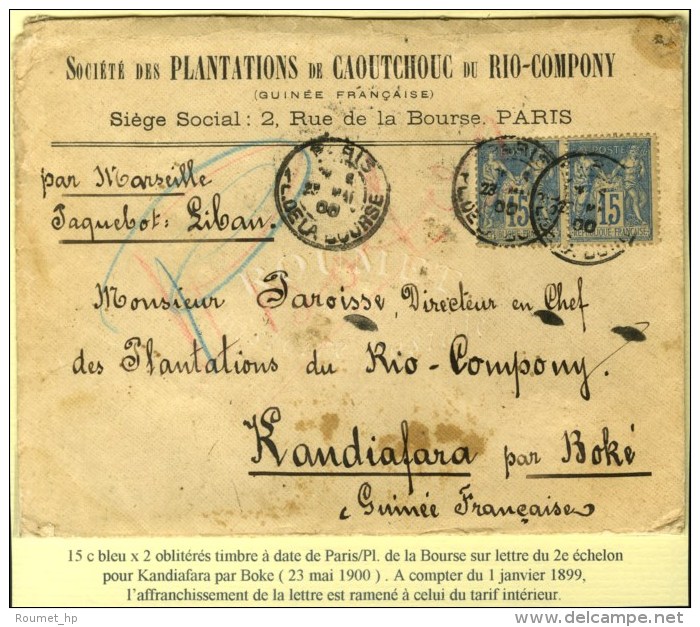 Càd PARIS / PL. DE LA BOURSE / N° 90 (2) Sur Lettre 2 Ports Pour Kandiafara Par Boke (Guinée... - 1876-1878 Sage (Type I)