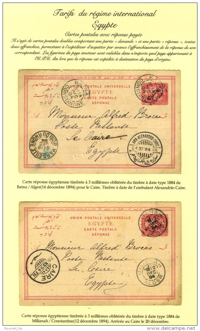 Lot De 2 Cartes Postales Avec Réponse Payée Oblitérées à Batna Et Miliana Pour... - 1876-1878 Sage (Type I)