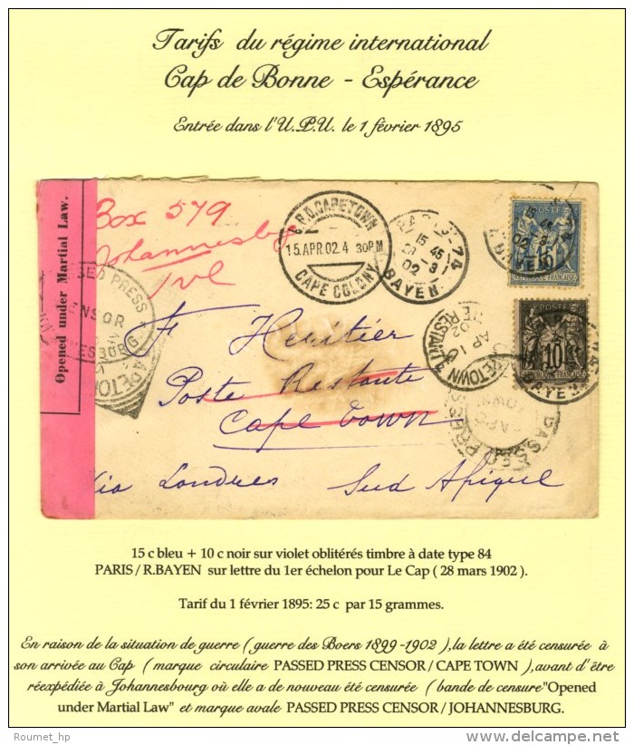 Càd PARIS 74 / R. BAYEN / N° 89 + 90 Sur Lettre Pour Le Cap Réexpédiée à... - 1876-1878 Sage (Type I)