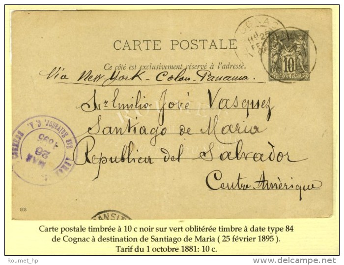 Càd COGNAC / Entier 10c. Pour Santiago De Maria (San Salvador). 1895. Très Rare Destination. - TB. - 1876-1878 Sage (Type I)